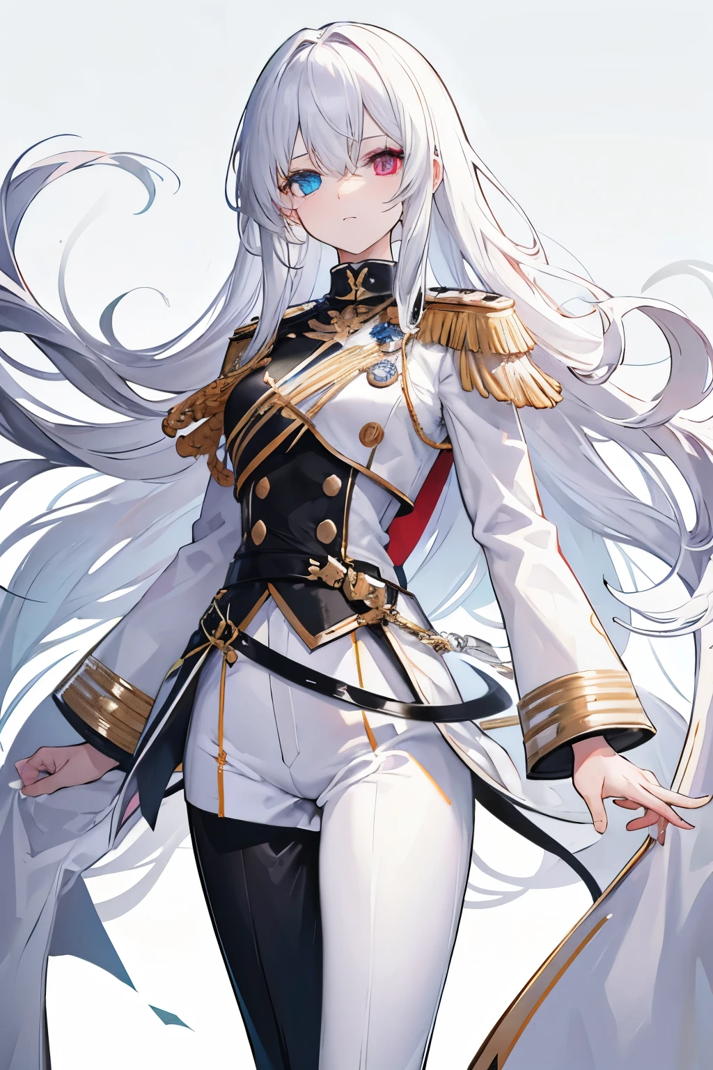 Long white hair, white knight uniform, black pants, Heterochromia