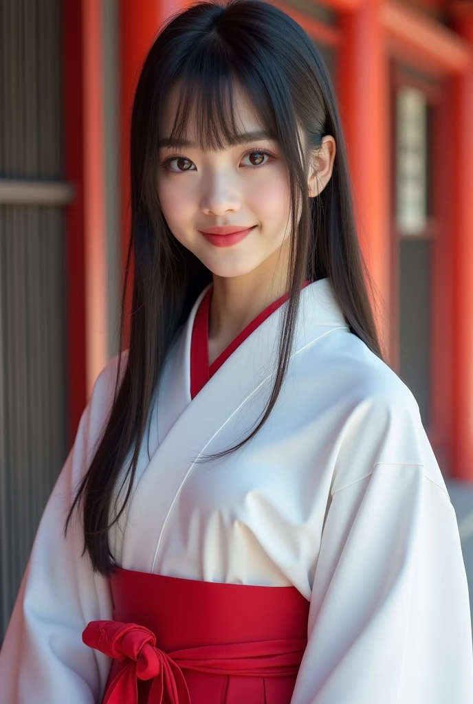 Realな写真、1、Japanese high school girl、(Highest quality、Tabletop、8k、Highest quality)、(Beautiful Japanese Perfect Shrine Maiden:1.1)、(The perfect and most natural white robe of a shrine maiden:1.3)、(The perfect and most natural shrine maiden's red hakama:1.3)、(Gracefully styled hair:1.1)、(Face close-up:1.1)、look at me、最高のsmile、The background is a magnificent and luxurious shrine.。、The majestic and luxurious exterior resembles a real shrine.、A gorgeous and authentic shrine using Niwa lacquerware))、Straight Hair、bangs、Detailed face and body、Natural lighting、High resolution、Photorealistic、(Highest quality、8k、High resolution、masterpiece:1.2)、Super detailed、(Real、Photorealistic、Photorealistic:1.37)、Realな肌の質感、Detailed eyes and lips、Beautifully detailed face、Long eyelashes、Smooth Skin、Slim figure、cute、smile、