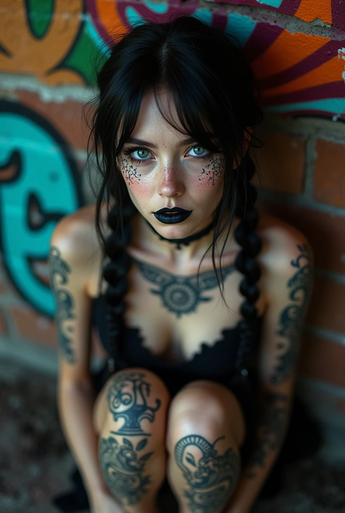 gothic style, dark, mysterious, haunting, dramatic, sharp focus, professional lighting, 8k, hdr, DSLR, professional photo, film grain, high contrast, warm light 8k tattoos, (ornate:1.2), photo of a beautiful, girl, (freckles:0.8), charming look, goth, tattoos, black makeup, (long twintails:1.3), (black lipstick:0.7), medium full shot, top down view, full nude body photo, feet in frame in front of a brick wall, (colorful graffiti art:1.2), looking at the viewer,
