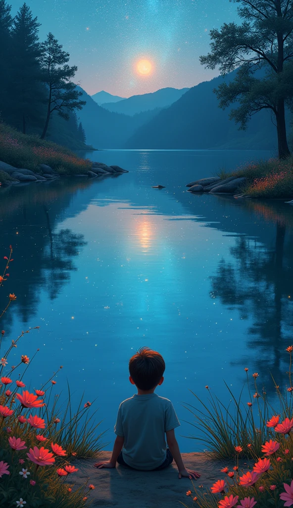 The Lake of Reflection, a boy at a peaceful lake surrounded by bright flowers and bushes. The water is crystal clear and reflects the image of the stars and the sky, creating a magic mirror effect. The boy lies down on the lakeshore and looks at the reflected sky, while little firefly lights float over the surface of the water. The scene is serene and introspective, reflecting the inner peace that the boy is finding.