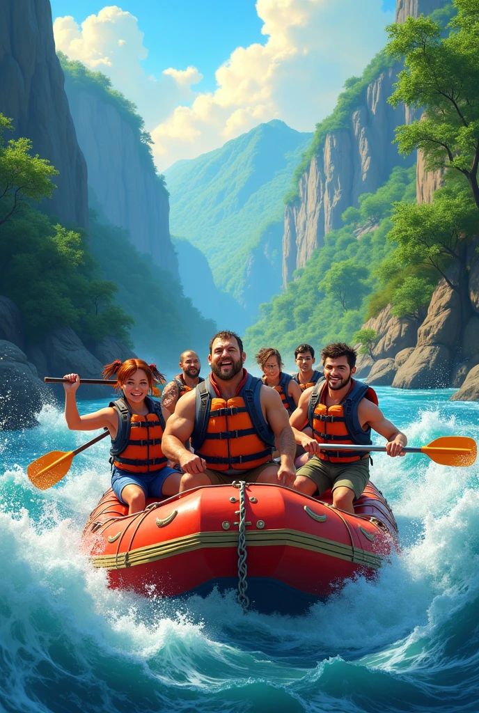 poster with a rafting theme, consisting of adult men and women with tense faces and Disney pixar cartoon style