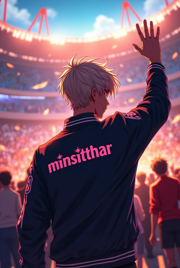 A man wearing a jacket, he is facing away showing the "Minsitthar" Logo on the back and is waving to the audience in the middle of a tournament

I want it to be anime 

The man will be 2,Half with a beauty tone but lighter hair and red eyes, 
