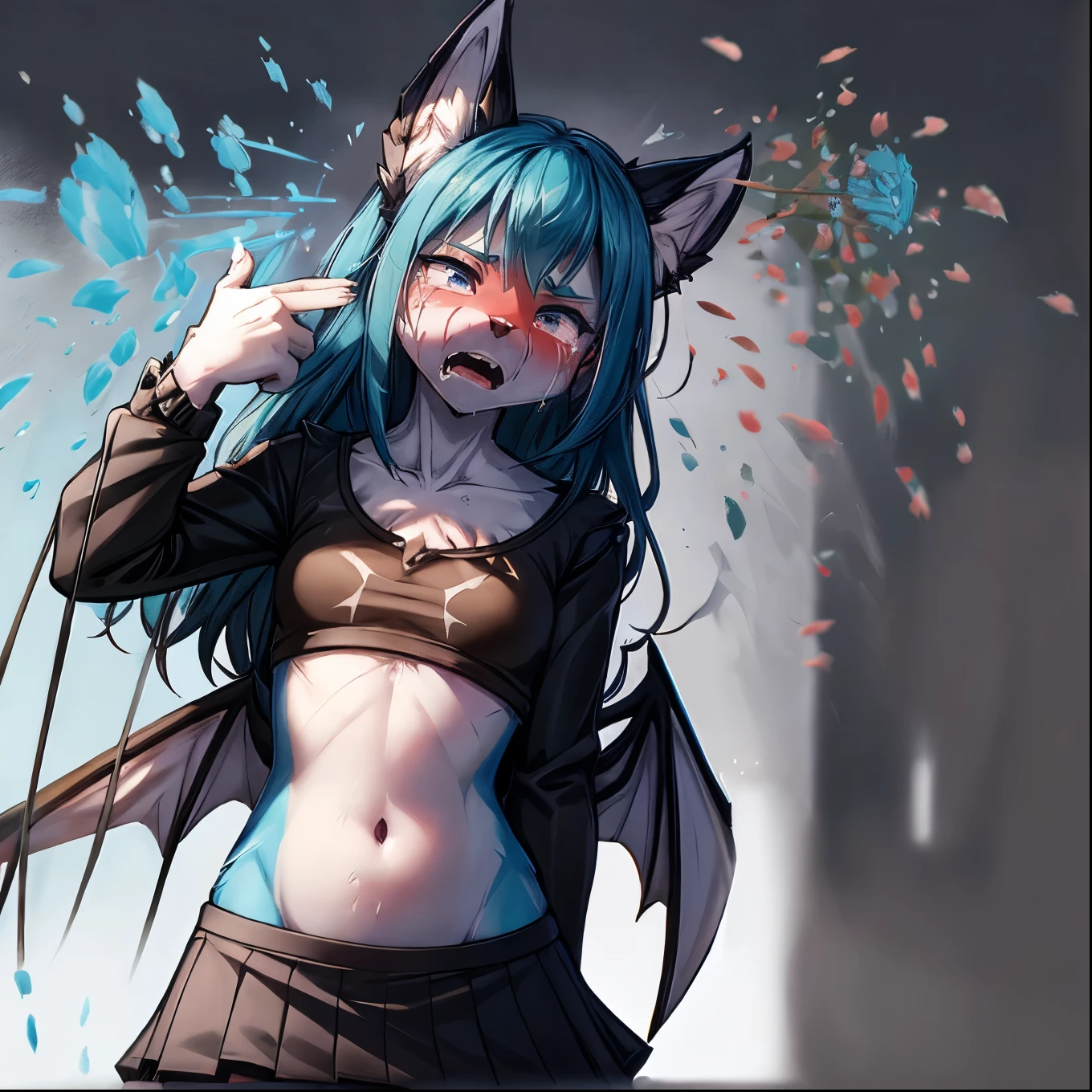 Aqua vixen,fox face elongated snout add high definition_detail:1, blue fur,kitsune ears, tribal tattoo add_detail:1, in hell add_detail, barefoot, The same, giant black feather wings add_detail:1 ,Beautiful wings, the best quality and detail in the feathers, blue saturation light, ( black navel top, black navel mini skirt)), crazy face, suicide sign, sad face, crying, brain explotion, head explotion, deep crying, face of pain and suffering, Blood gushes from the head explosion, he is committing suicide, long hair