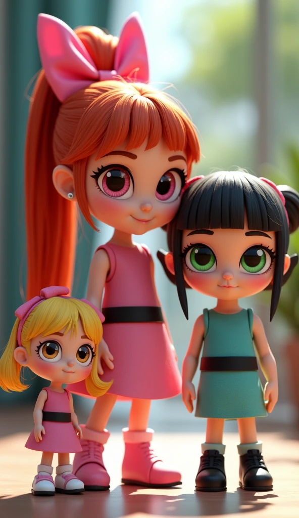 Three realistic girls, inspired by the Powerpuff Girls. Blossom has long, straight red hair, tied with a large pink bow, wearing a pink dress with a black belt and pink shoes. Her eyes are large and pink, with a confident expression. Bubbles has blonde pigtails, wearing a blue dress with a black belt and white shoes. Her eyes are big and blue, with a bright, cheerful expression. Buttercup has short black hair, wearing a green dress with a black belt and black shoes. Her eyes are green, with a fierce and determined look. Realistic lighting, highly detailed faces, and textures. Focus on character design with soft shadows and vibrant colors."