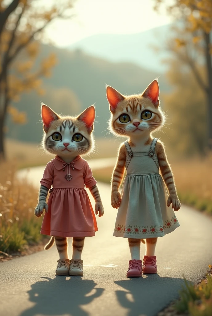 Two ai cats walking on road with shoes and dress ai portrait image