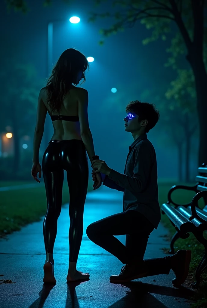 boy shopping with sexy woman wearing tight leggings with perk ass in park st night the boy asked the sexy woman by hypnotizing the woman, the boy controls the woman with a remote control in the boy hand, the woman's eyes glowed blue because they were controlled by the boy, the woman fell asleep weakly while standing in front of the little child, the woman is wearing latex clothing, the woman knelt down with an empty mind and no expression, They walked through the park at night, the hypnotized woman's eyes blue, They sat on the park bench, the woman acts like a dog