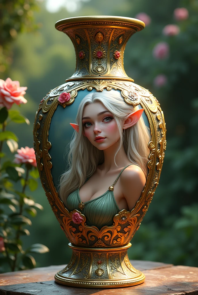 an epic vase that have a beautiful female elf portrait, small pointed ears, dynamic hair color, busty,  some roses decorate the vase elf fantasy garden background