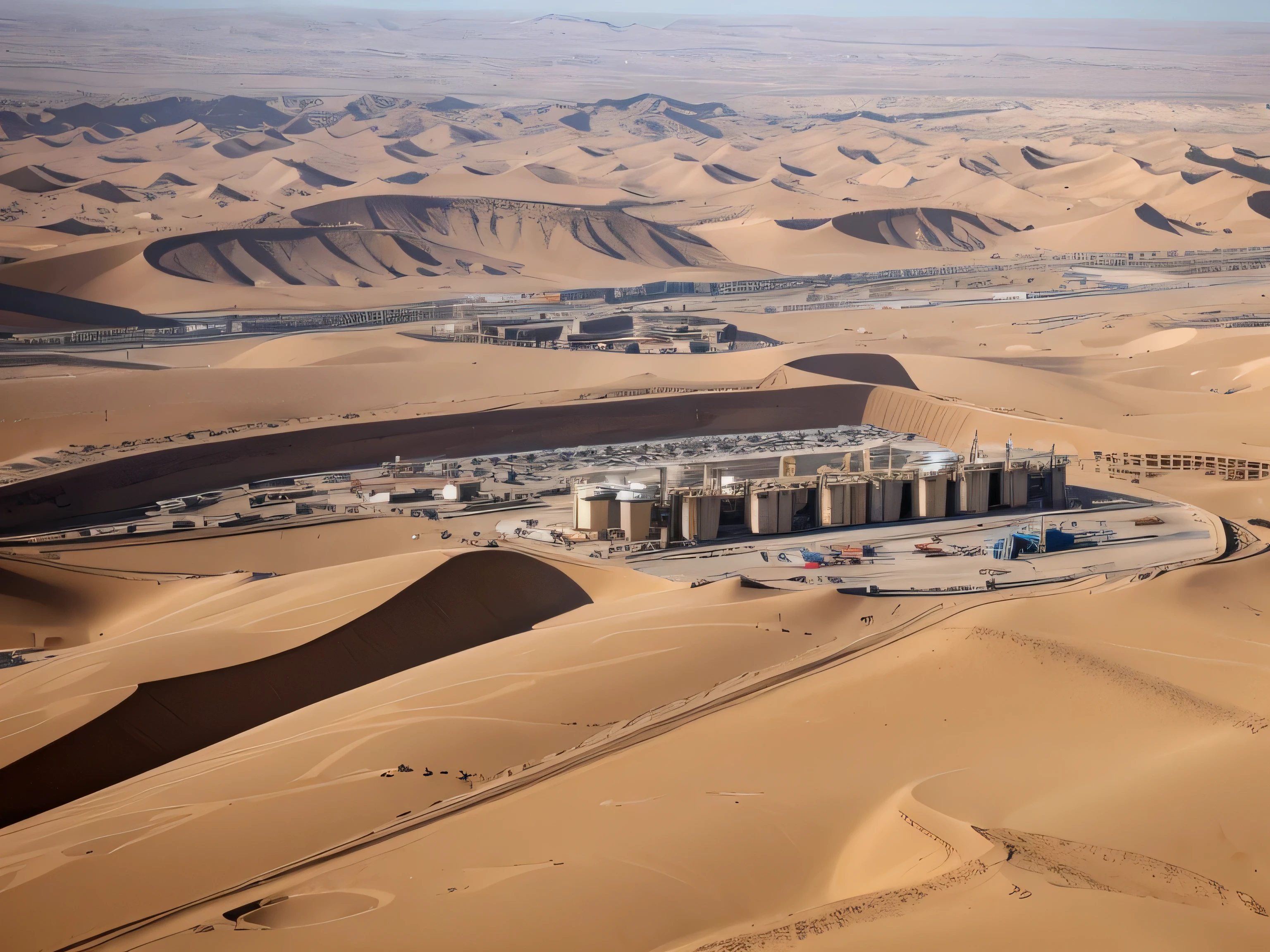 Arabian Peninsula Desert Oil field rigs in the distance Oblique view from above