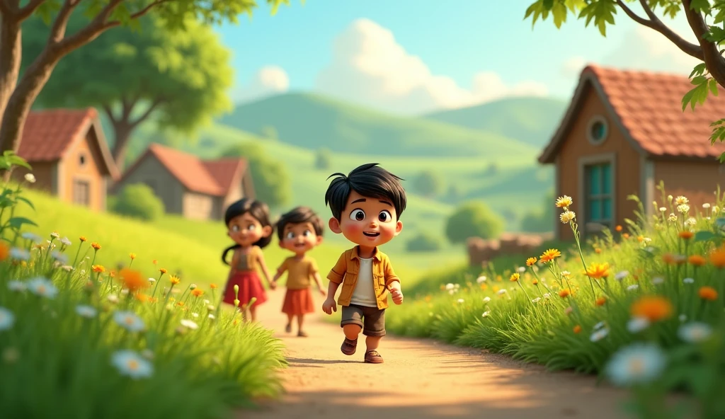 3D Animation Cartoon
"•Setting: A picturesque village with green fields and playful children.
•Characters: Rohaan (the intelligent boy), his friends, and villagers.
•Action: Introduce Rohaan and his friends playing together in the village"
