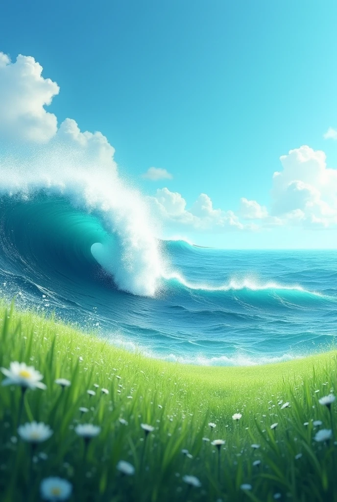 

Craft a hyper-realistic landscape where the ocean's waves surge forward with a sense of dynamic movement. The vast backdrop should reveal serene, flat meadows, untouched by mountains or rocks, creating a seamless horizon. The sky above should melt from deep blue to soft aqua, free from sun or moon, radiating an ethereal calm. The scene should be a picture of tranquility and natural splendor, adorned with delicate white flowers scattered across the meadows. Ensure the lush greenery in the meadows is gently lower than the towering waves, enhancing the sense of peaceful grandeur.