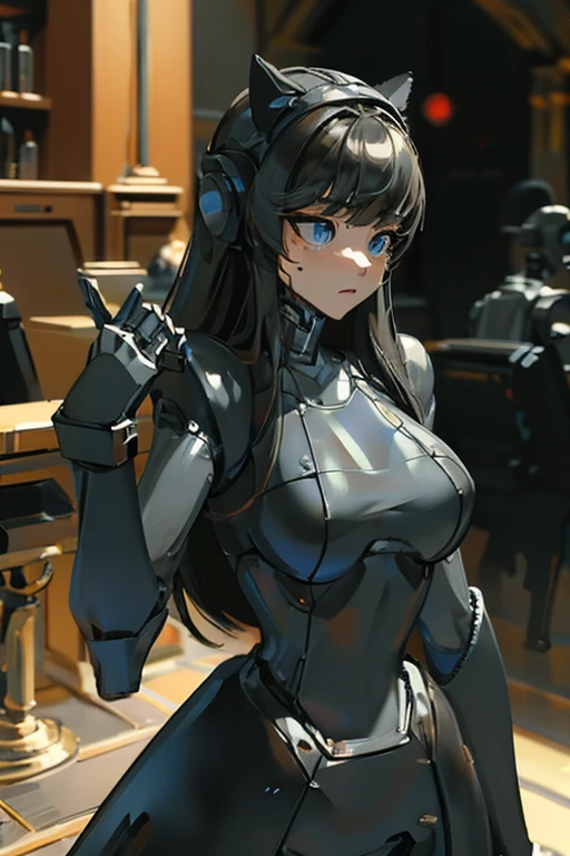 (masterpiece),(Highest quality),(Super detailed),(Best illustrations),(Best Shadow),(Absurd),(Detailed Background),(so beautiful), 16K, 8K, 4K,(Best Shadow),empty eyes,robotization,woman ,big bust,Robot Joint ,Metal skin,Black Suit,long hair,a black suit that covers the whole body,robot hand,cyber bodysuit,metal cat ear,robot
