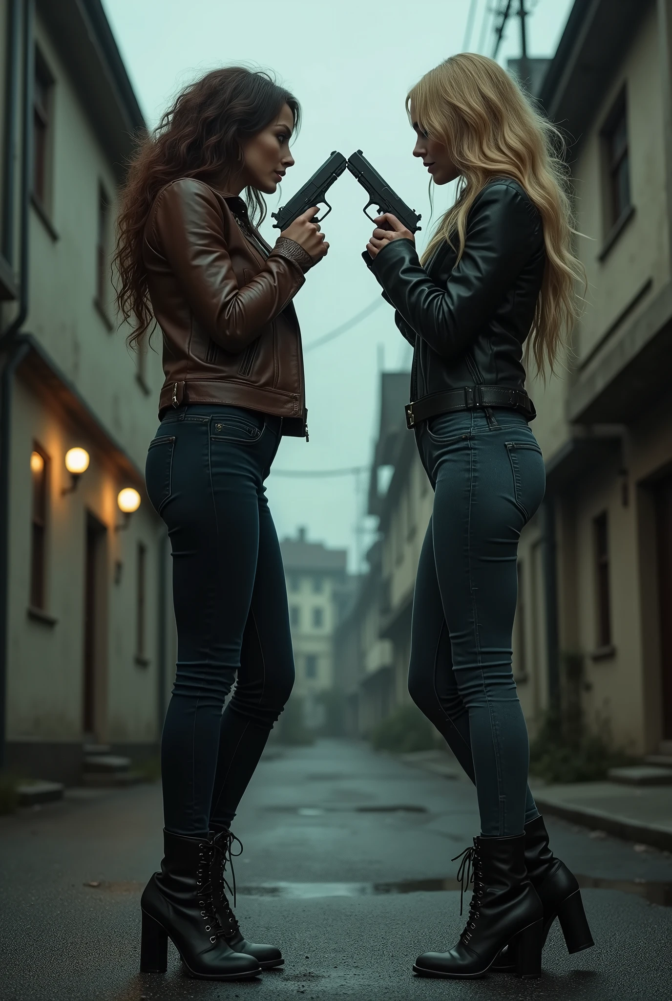 ( Photorealistic、Full live-action version、masterpiece、(Composition looking up from the ground、Express everything in minute detail))、draw two beautiful girls、Brown curly hair and long blonde hair、Tall woman with long legs、((Standing with legs apart, Ultra low angle,  Perfect perspective、Looking up at a beautiful girl)), （Brown leather jacket and tight black shirt、Dark grey skinny jeans）、（Black leather jacket and tight white shirt、Tight faded distressed denim）、Lace-up black leather boots、Sexy leg lines、(Beautiful girls standing face to face, Beautiful girl looking down)、Desolate backstreets、Gloomy sky、Spooky atmosphere、duel、(Holding a pistol、Facing each other、They&#39;re pointing their guns at each other、Aiming for the head)、((View from the side、Beautiful buttocks))
