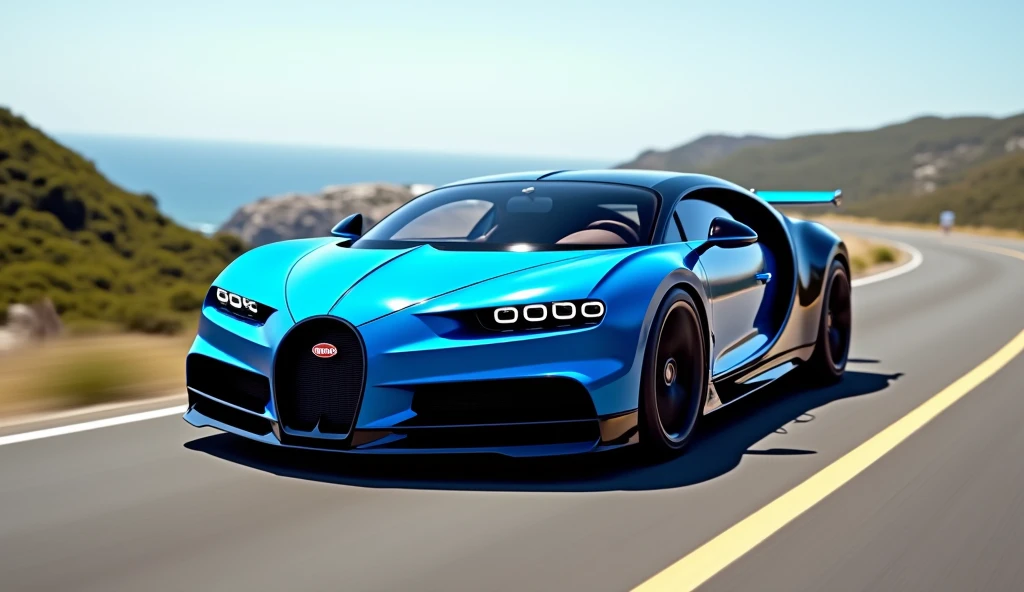 A blue Bugatti Chiron Super Sport 300 car+ very beautiful on the road, I want to see it in full view