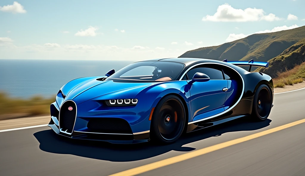 A blue Bugatti Chiron Super Sport 300 car+ very beautiful on the road, I want to see it in full view