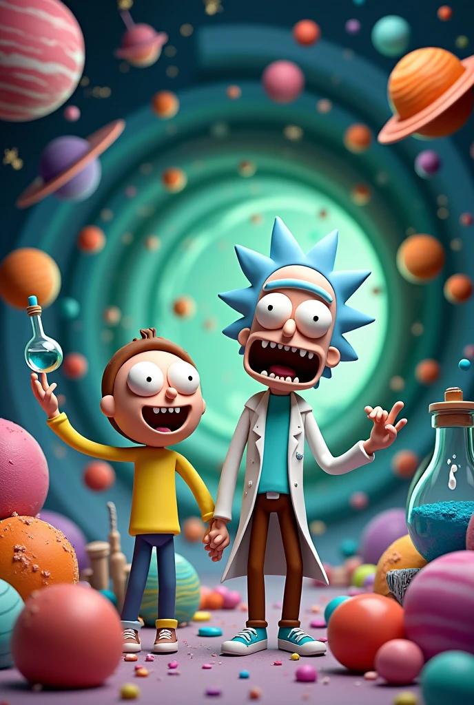 Affiche. Rick et Morty en pâte à modeler. Dans une faille temporelle dans l'espace. Planètes et lune. Tourbillons. Haute qualité. Détails époustouflant. Arrière plan colorés et détaillé. Nombreux objets et trésors. Fioles. Pâte à modeler. Pâte à sucre. (Titré : Rick et Morty)