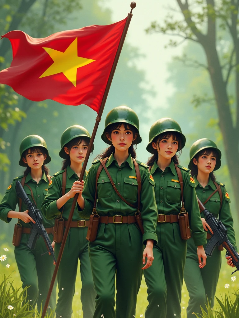 (best quality, master part, Melhor_qualidade, circunstanciado:1.5), LTTE Female Tiger Fighter (Sri Lanka): Wearing tiger-striped camouflage uniforms showing signs of wear, wearing a cyanide capsule around their necks, and a worn-out Tamil Eelam flag patch, with black hair braided and adorned with flowers, accentuating piercing green eyes in an epic Sri Lankan landscape.