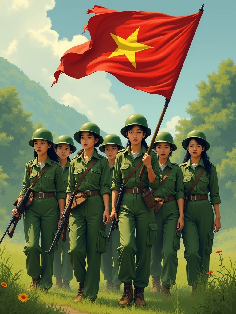 1. **Uniforms:** The girls wear simple military uniforms, usually long-sleeved green shirts, long pants of the same color, and hard hats of similar color. Their costumes are neat, traditional, and simple, consistent with the image of militiamen during the war.

2. **Weapons:** Some girls may hold rifles or pistols, symbolizing their resilient fighting spirit and patriotism.

3. **Background:** The surrounding scene can be a field, forest, or Vietnamese countryside, with fresh green natural colors, creating a feeling of closeness to their living and fighting environment.

4. **Flag:** The red flag with a yellow star is held and held high by the girls. The red color of the flag stands out in the scene, symbolizing the sacrifice and indomitable spirit of the nation.

 5. **Expression:** The girls' faces show determination, pride and a resilient spirit, ready to defend the Fatherland.

The overall image exudes the strength, solidarity and deep patriotism of the Vietnamese Militia girls during the war.