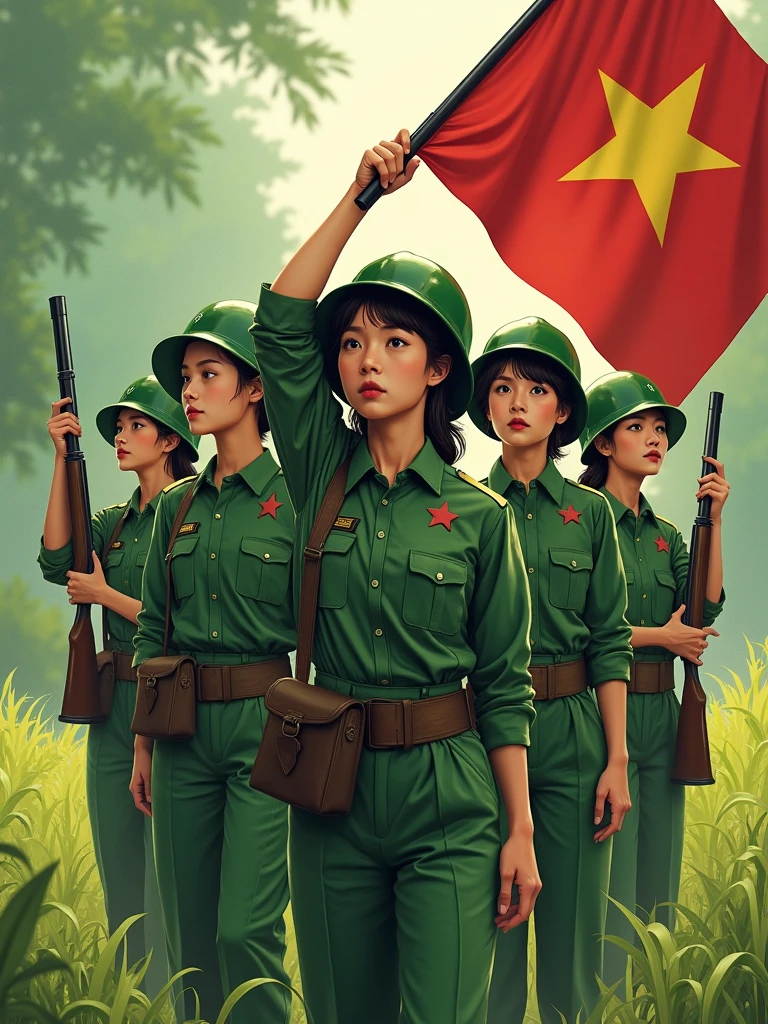 1. **Uniforms:** The girls wear simple military uniforms, usually long-sleeved green shirts, long pants of the same color, and hard hats of similar color. Their costumes are neat, traditional, and simple, consistent with the image of militiamen during the war.

2. **Weapons:** Some girls may hold rifles or pistols, symbolizing their resilient fighting spirit and patriotism.

3. **Background:** The surrounding scene can be a field, forest, or Vietnamese countryside, with fresh green natural colors, creating a feeling of closeness to their living and fighting environment.

4. **Flag:** The red flag with a yellow star is held and held high by the girls. The red color of the flag stands out in the scene, symbolizing the sacrifice and indomitable spirit of the nation.

 5. **Expression:** The girls' faces show determination, pride and a resilient spirit, ready to defend the Fatherland.

The overall image exudes the strength, solidarity and deep patriotism of the Vietnamese Militia girls during the war.
