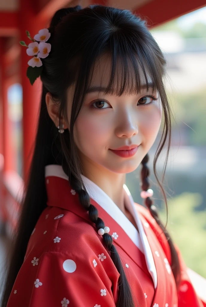 Realな写真、1、Japanese high school girl、(Highest quality、Tabletop、8k、Highest quality)、(Beautiful Japanese Perfect Shrine Maiden:1.1)、(The perfect and most natural white robe of a shrine maiden:1.3)、(The perfect and most natural shrine maiden&#39;s red hakama:1.3)、(Gracefully styled hair:1.1)、(Face close-up:1.1)、look at me、最高のsmile、The background is a magnificent and luxurious shrine.。、The majestic and luxurious exterior resembles a real shrine.、A gorgeous and authentic shrine using Niwa lacquerware))、Straight Hair、bangs、Detailed face and body、Natural lighting、High resolution、Photorealistic、(Highest quality、8k、High resolution、masterpiece:1.2)、Super detailed、(Real、Photorealistic、Photorealistic:1.37)、Realな肌の質感、Detailed eyes and lips、Beautifully detailed face、Long eyelashes、Smooth Skin、Slim figure、cute、smile、