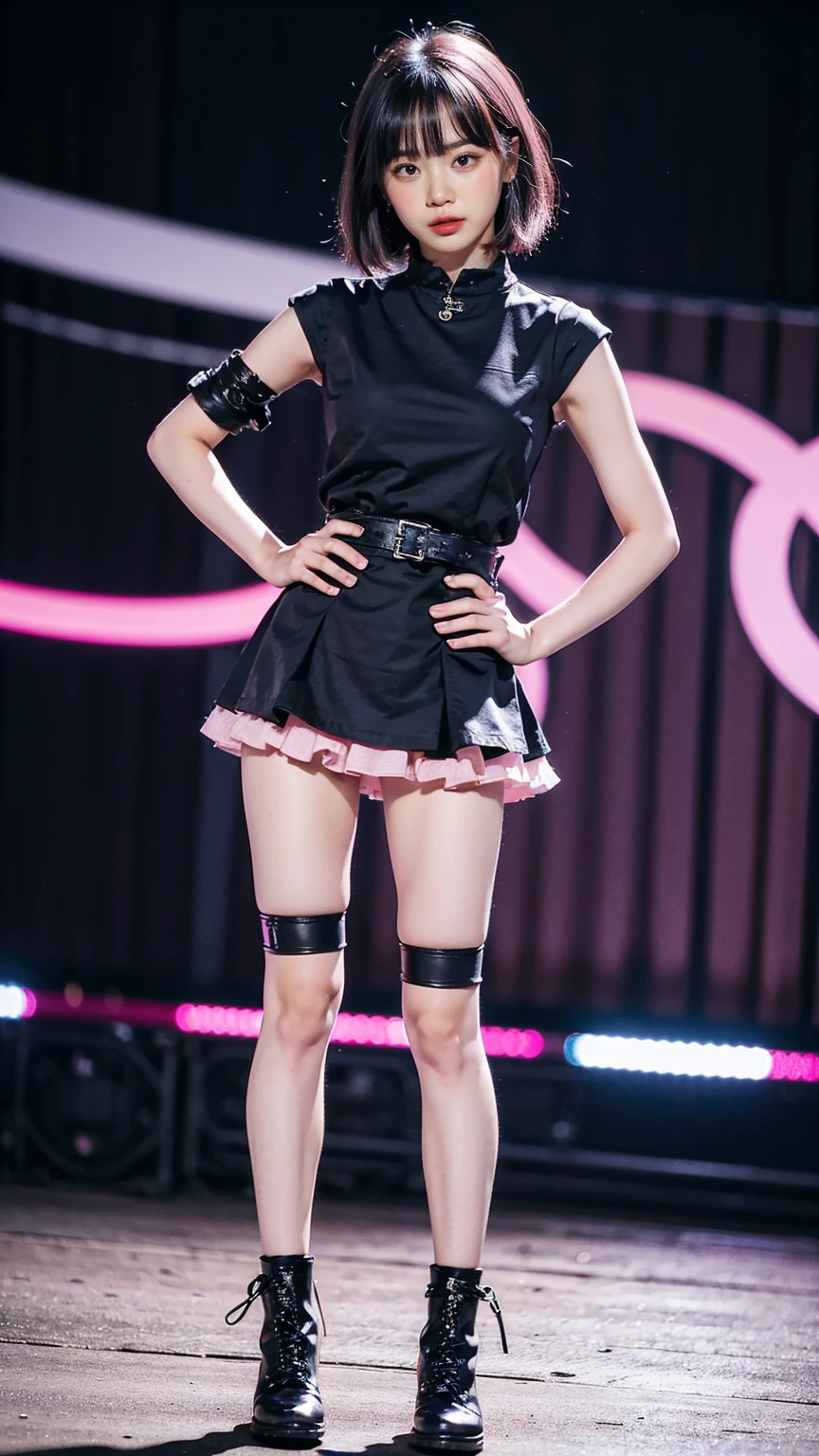 (8k、RAW Photos、Highest quality、masterpiece:1.2)、(Realistic、Realistic)、1 person、((Pink and black、Medium Hair、Garter Ring、mini skirt、Thin legs、whole body、boots、View from the front、Looking into the camera、Night Park、Stand with hands on hips))、cute