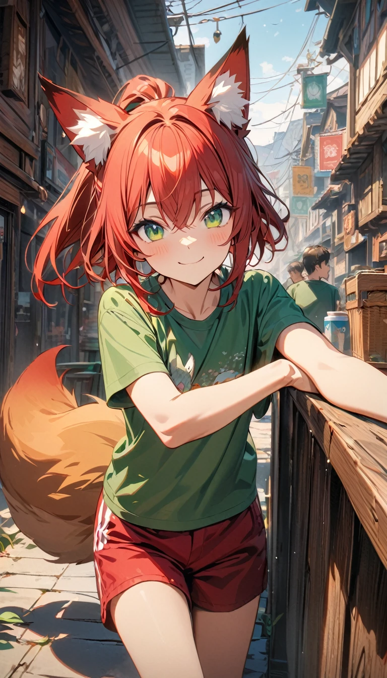 young boy, smile, short red hair, high ponytail, fox ears, green eyes, green T-shirt, red shorts, fox tails, Masterpiece, best quality, Full HD, 8k, ultra details, great graphic