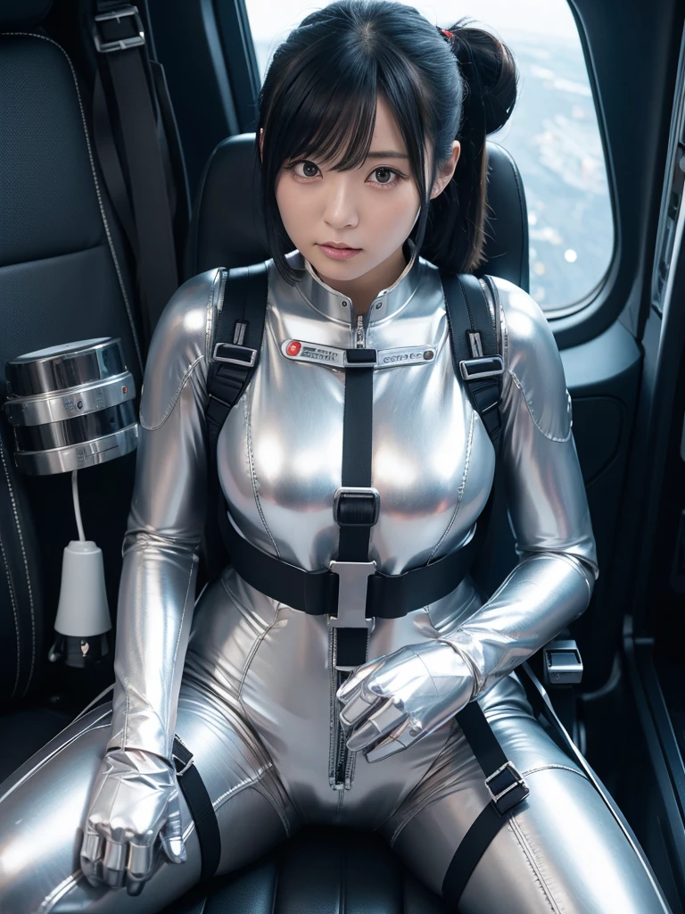Japanese female android,Black Hair,He is fully secured to his seat in the pit by a thick harness.,Plump,Slightly thicker,Spread your legs,Squat,Shiny white robot suit,Robotic arms and legs,Surrounded by switches and monitors,