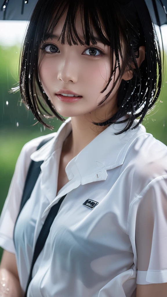 ((masterpiece, Highest quality, High resolution)), Japanese high school girl、(Realistic: 1.4), Great face,Glossy lips、, short hair、(Beautiful Hair:1.5),Heavy rain city、Wet with rain、(Wet Skin:1.4)、(White T-shirt、Short pleated skirt)、Angle from the front, Smooth, Highly detailed CG composite 8K wallpaper, High resolutionのRAWカラー写真, Professional photography, Light, BackLight, impressive, Written boundary depth, (Face close-up:1.5)