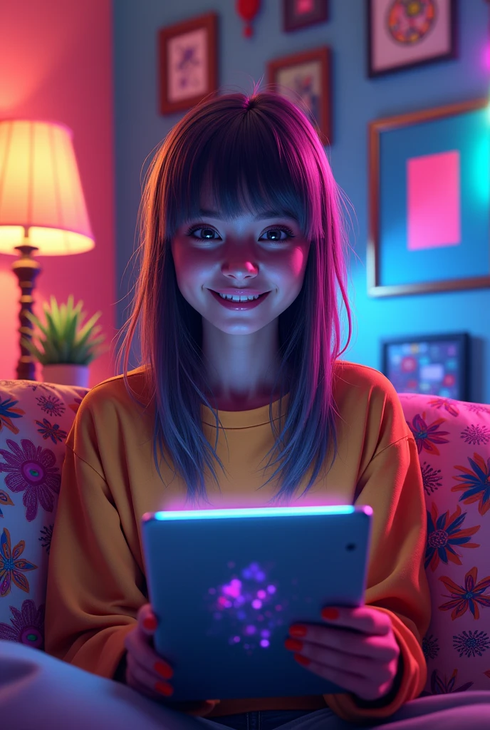 Memes, Digital Art, , Enthusiastic about iPad, Straight Hair, one's home, abstract pattern, psychedelic, Neon color, Glitch Art, Cinema Lighting, Super detailed, 8k, Volumetric, Ray Tracing, Studio Lighting, Vibrant colors, psychedelic elements