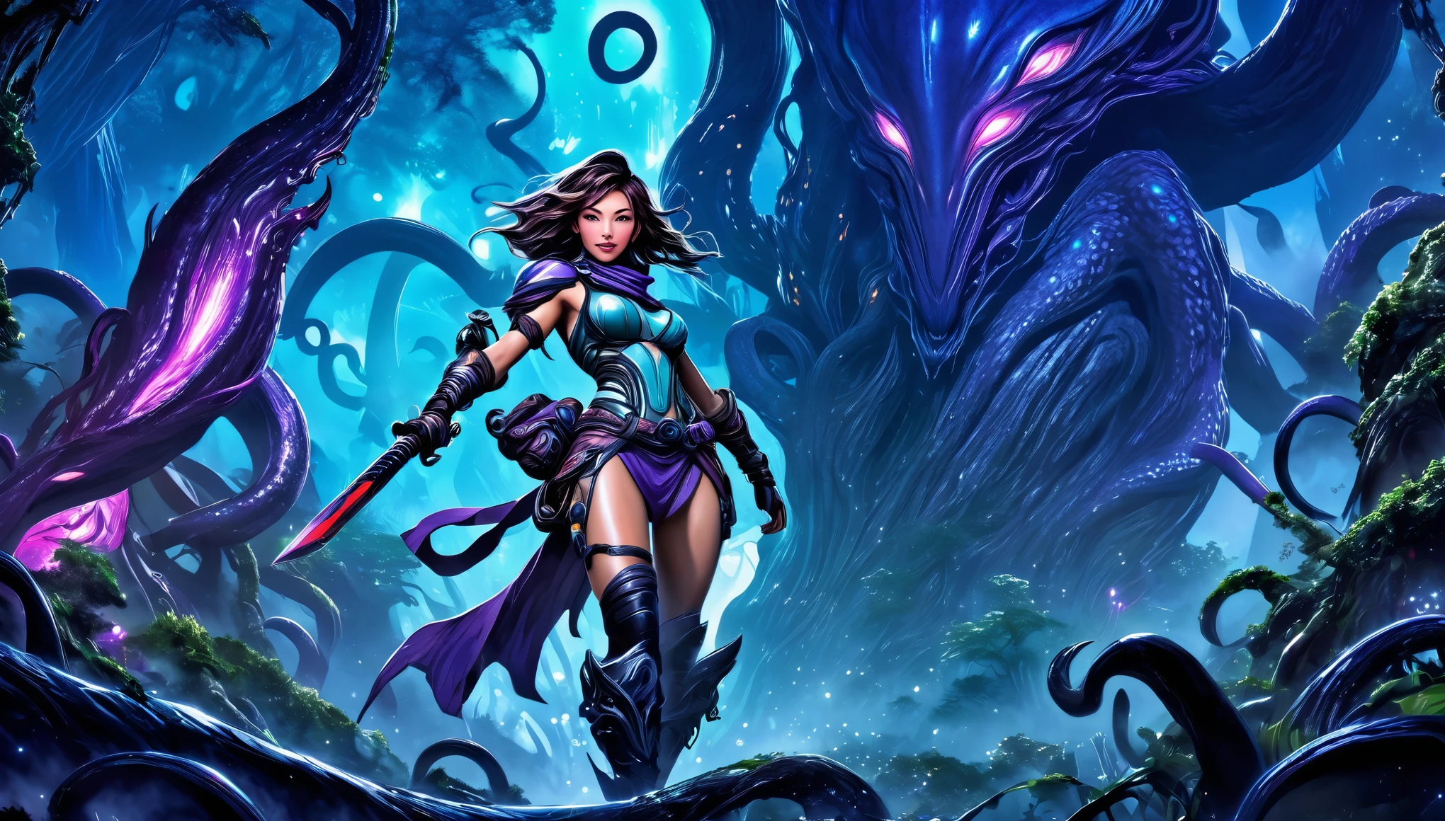 A adventurer woman (yuna, muscular, lean, sweaty, big butt, sexy explorer outfit) is using a machete to clear a path through a dense alien forest, tentacle vines reach from trees, she is carving a trail to an eldritch spire, 3 nightmarish moons hang in the starry sky each a different color, grand panoramic view of an alien landscape