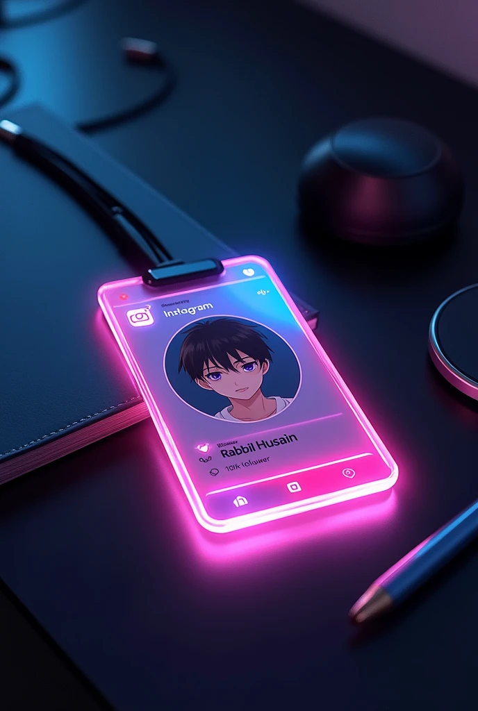 creat a instagram profile and glass id card on a black desk displaying instagram logo and realistic profile photo of anime boy in circle and " RABBIL HUSAIN " is written in bold fonts under the profile photo and 100k follower written the instagram card is glowing in pink and blue color on theedgee Instagram profile