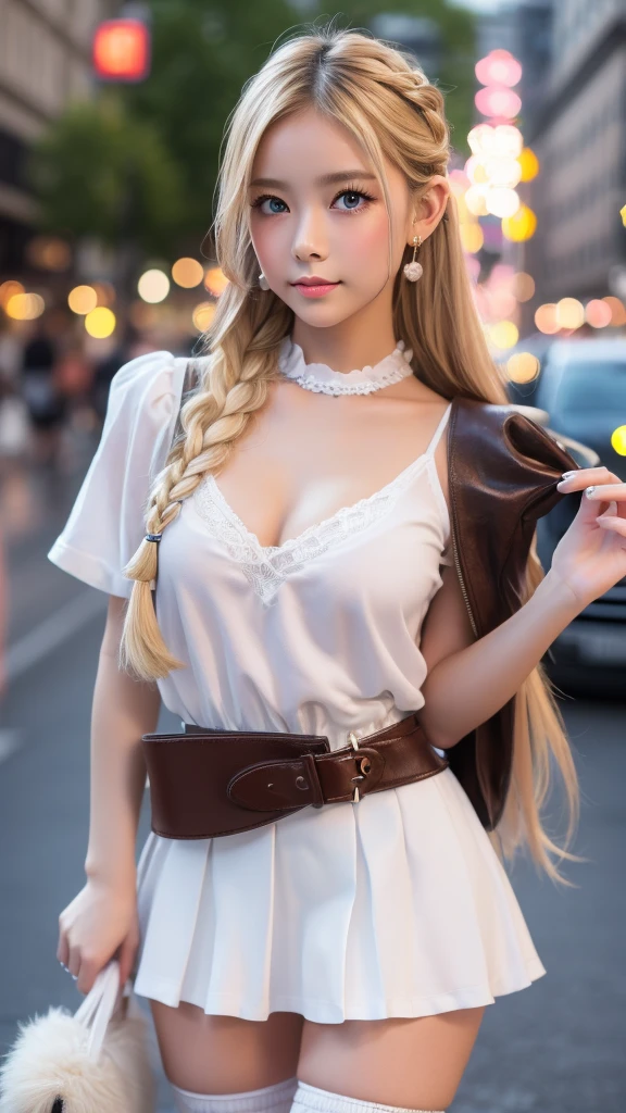 ((Highest quality)), ((masterpiece)), (detailed), Braided long hair, ((Blonde hair)), (penis with girl:1.34), Beautiful girl, Very Cute Eyes, False eyelashes, (((Watery eye))), (Blushed:1.3), Glossy thick lips, Gorgeous ring-shaped earrings, shiny white skin, (very short mini-skirt), (skirt lift:1.2), White knee-high rubber boots, outside, raining, crowded city, fogg