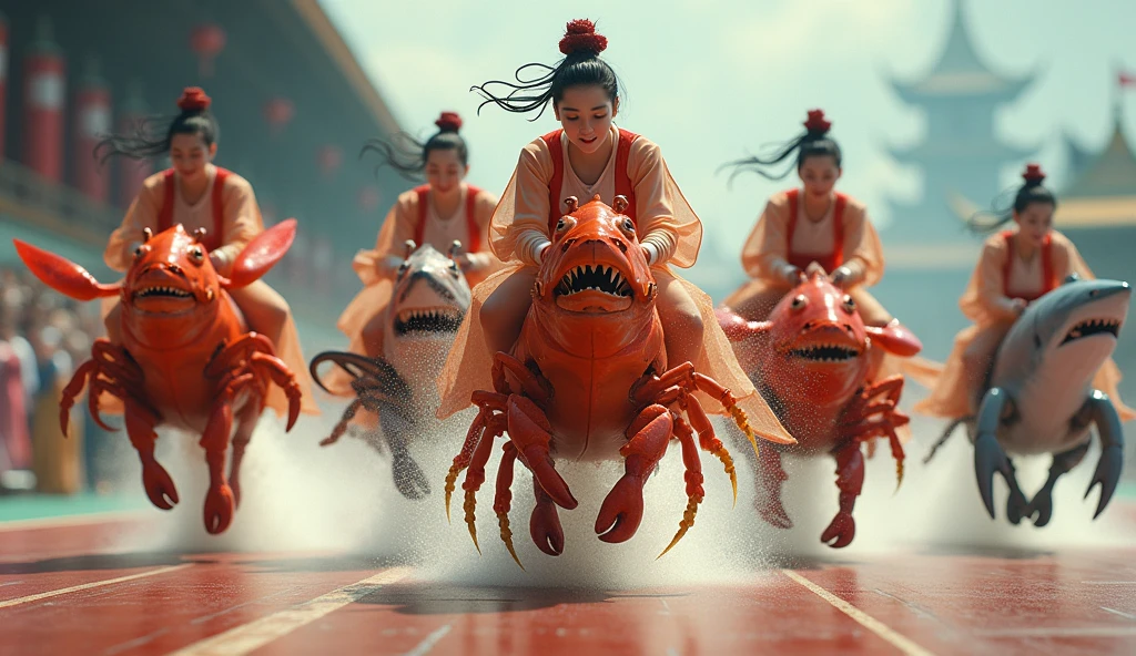 Close-up
The camera focuses on the scene of five Chinese beauties in classical costumes riding different seafoods on the track. The first beauty rides a lobster, whose claws hold the track tightly and runs forward with all its might, and the lobster's shell flashes in the sun. The second beauty rides an octopus, whose tentacles wriggle quickly and stick to the ground. The third beauty rides a crab, whose big claws are raised high and runs quickly. The fourth beauty rides a shark, which glides on the track, driven forward by its tail fin. The fifth beauty rides a swordfish, whose body is slender and its fins cut through the air like arrows. The five beauties look ahead intently, their bodies clinging to their seafood mounts, and the whole picture is full of a sense of speed and a tense atmosphere of competition.