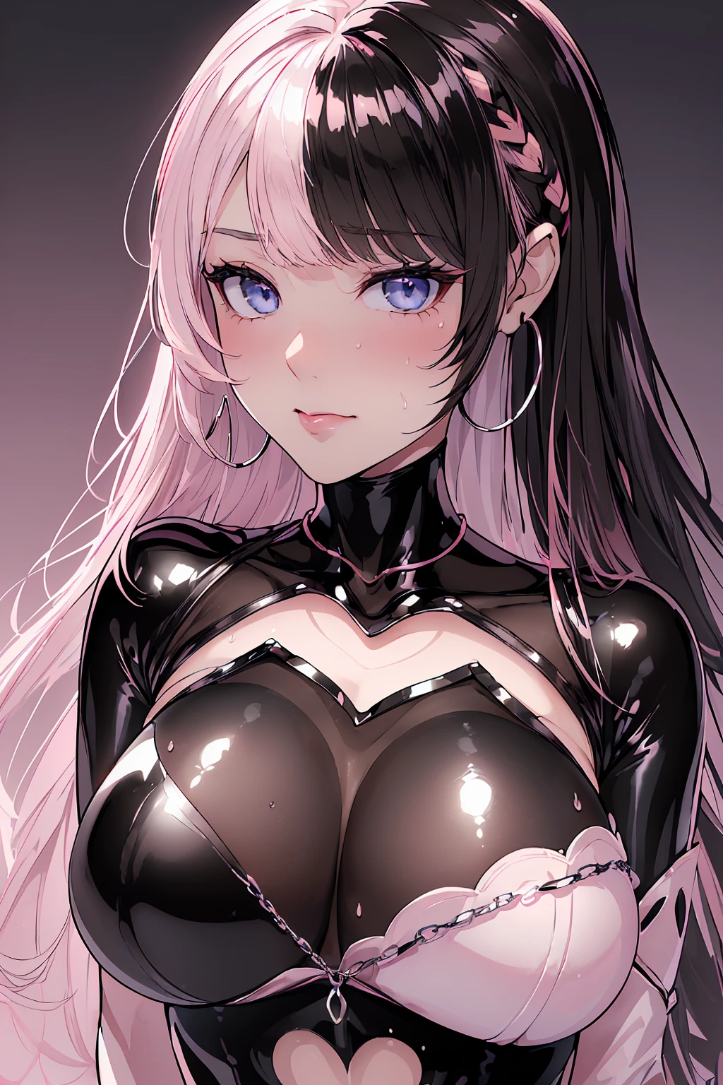 (8k, 最high quality, masterpiece:1,2), (Realistic, Photorealistic:1.37), Super Detail, One Girl,), (Very detailed), (Beautiful and detailed eyes), (最high quality), (Very detailed ), (masterpiece), (Detailed face),20-year-old, ,1 girl,, Medium chest, Perfect lighting, break, ((cutout Shiny black body suit:1.5)), ((Midnight Pink:1.3)), ((satin:1.2)), ((Shiny:1.3)), (white line:1.2), (Shoulder cut-outs:1.2), (Chest cutout:1.2), ((Fitted:1.2)), ((Silver Chain Necklace:1.2)), (Silver Hoop Earrings:1.2), (Blue Suede Pumps:1.2), brake, (high quality:1.5), (Upper body and thighs:1.3), (long wavy pink hair:1.3), (Mysterious Smile:1.2), (Look down:1.2), (View your viewers:1.2), (Hands in front of chest:1.2), (Put one foot in front of the other:1.2), (Standing on tiptoes:1.2), ((The cutout is visible:1.2)), (Burgundy color background:1.2), (Dramatic lighting:1.2), brake (Sweat:1.5), ( (split-color hair, black hair, pink hair:1.3), blue eyes ,tatibana hinano:1.3),,),((sexy face:1.3,Hot face:1.3,embarassed:1.3,Blushing in heat:1.3,NSFW Orgasm Face:1.3,NSFW embarrassed:1.3,NSFW sexual ecstasy face:1.3,NSFW Drooling:1.3,NSFW saliva:1.3,NSFW empty eyes:1.3,Lots of drooling:1.3,drool dripping from the mouth:1.3,jitome:1.3, wet eyes:1.3,orgasm:1.3,sweat:1.3,)),((大きいおっぱい)),(embarassed:1.3,cheak blush:1.3,),