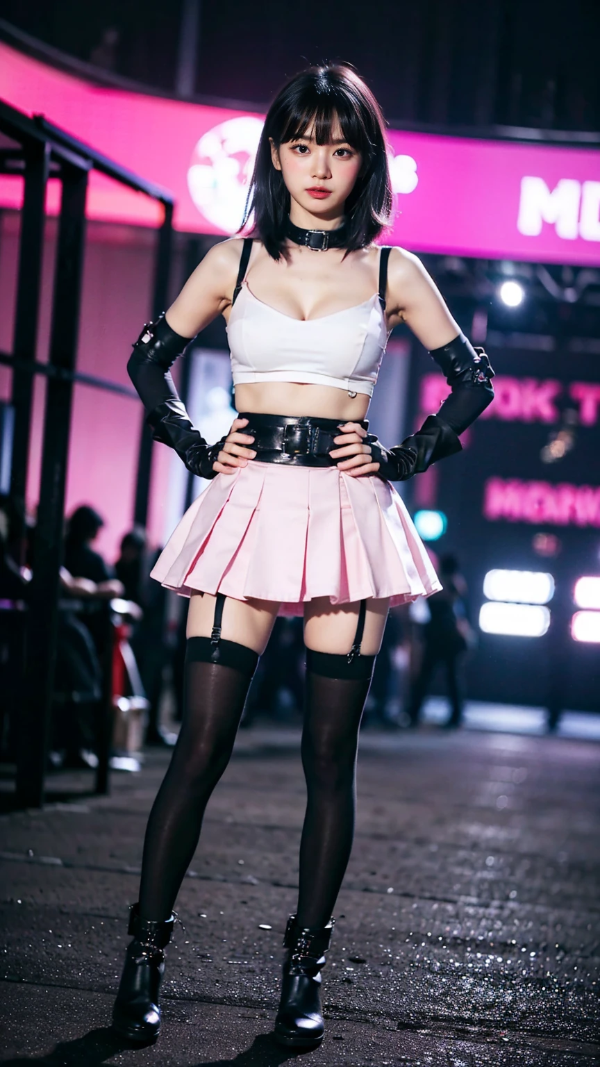 (8k、RAW Photos、Highest quality、masterpiece:1.2)、(Realistic、Realistic)、1 person、((Pink and black、Medium Hair、Cleavage、tights、Gloves、Garter Ring、mini skirt、Thin legs、whole body、boots、View from the front、Looking into the camera、Night Park、Stand with hands on hips))、cute
