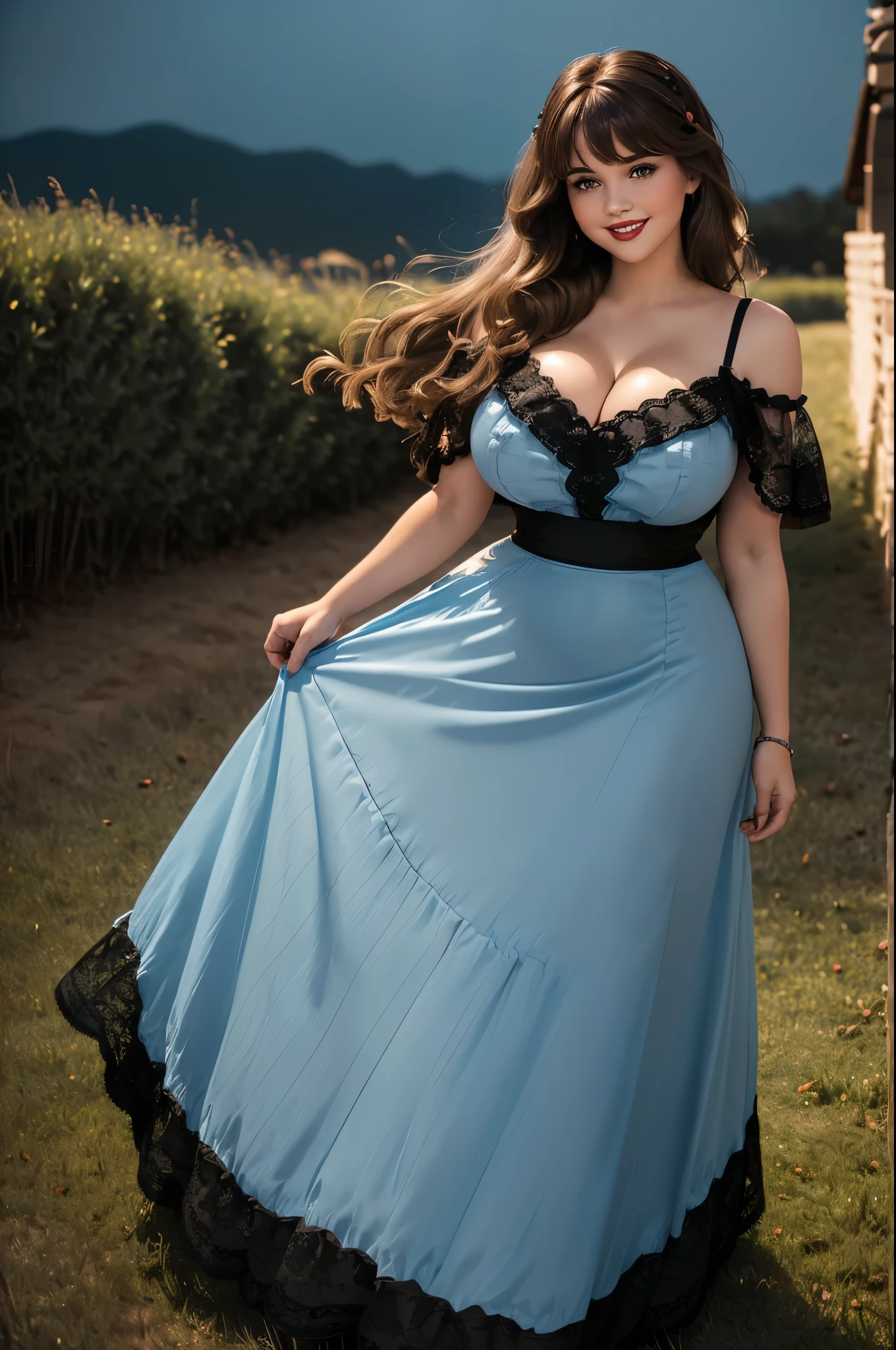 DisneyAurora, full body view Beautiful woman (((shoulder length wavy light brown hair, two side up with bangs))) defined body, voluptuous, sexy, cherry red lipstick, arms by her sides, hands free, happily smiling, standing facing camera ((( pale blue dress, long skirt with black lace trim ))), in moonlit grassy field at night, (large_breasts:1.4) (curvy:1.3)