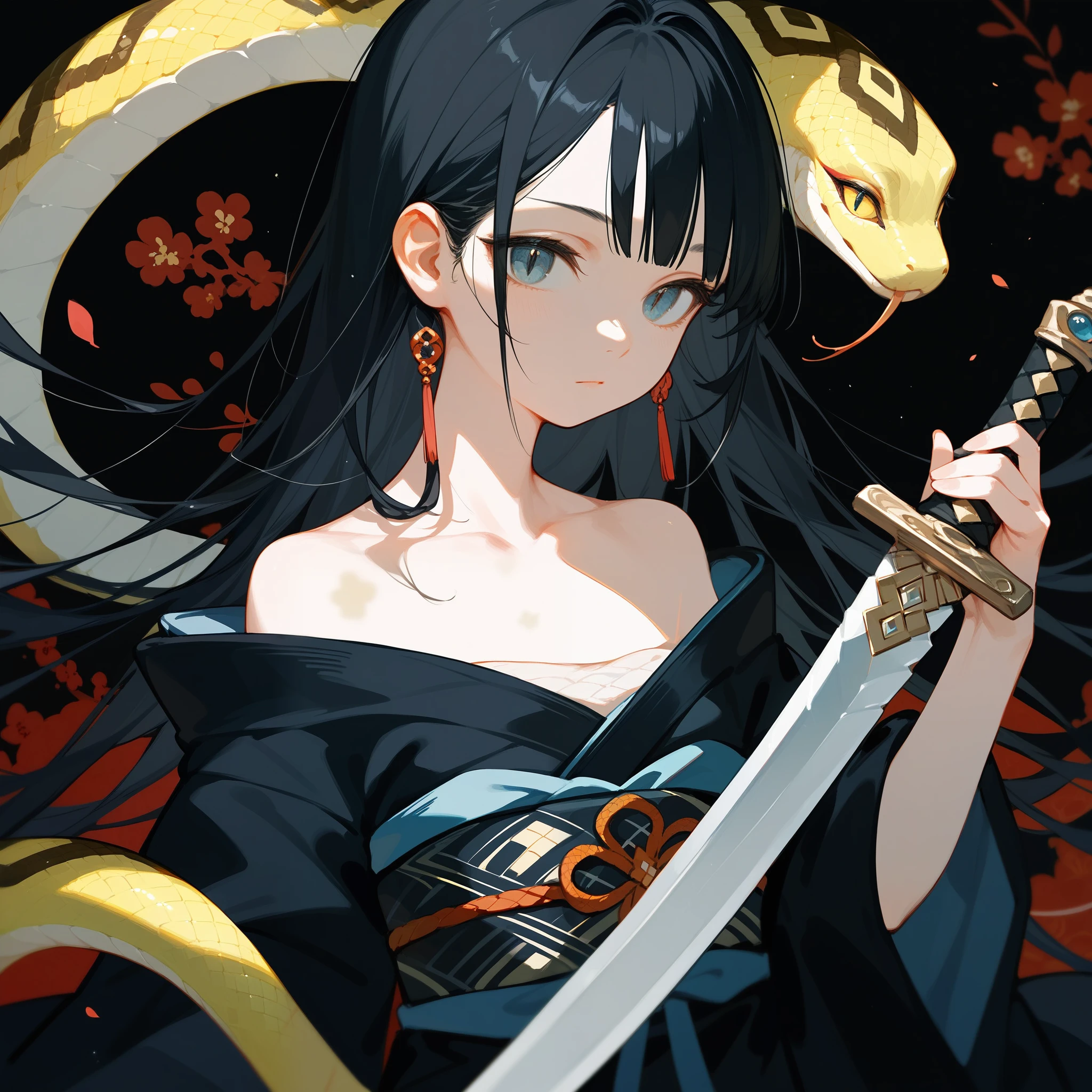 1 girl, Black Hair, iris, Off-the-shoulder kimono, beautiful_face, Black snake motif, Kimono with snake scale pattern, Solo Illustration, Long Hair, Black kimono, Holding a sword, Upper Body, Flat Chest
