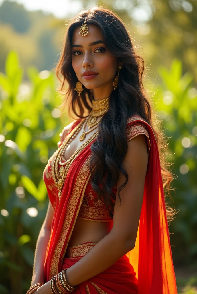 a beautiful young indian girl wearing a half saree, detailed facial features, very very big breasts , warm lighting, photorealistic, extremely detailed, 8k, highly detailed portrait, intricate clothing, glowing skin, detailed eyes, detailed lips, delicate jewelry, flowing hair, natural setting, lush greenery, sunlit background,