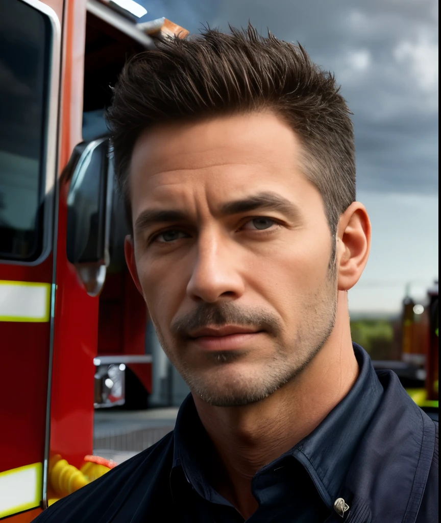 masterpiece, best quality, high resolution, closeup portrait, male focus, solo focus, A man, 50 years old, with firefighter uniform, firefighter suit, firefighter, silver grey hair, messy hairstyle, cute and seductive face, bare chest, body hair, facial hair, roman nose, scruffy, hairy abs, skinny body, hairy legs, dimples, beard, bold jawline , in the background a fire station, view from below, amazing composition, front view, HDR, ultra quality, elegant, highly detailed