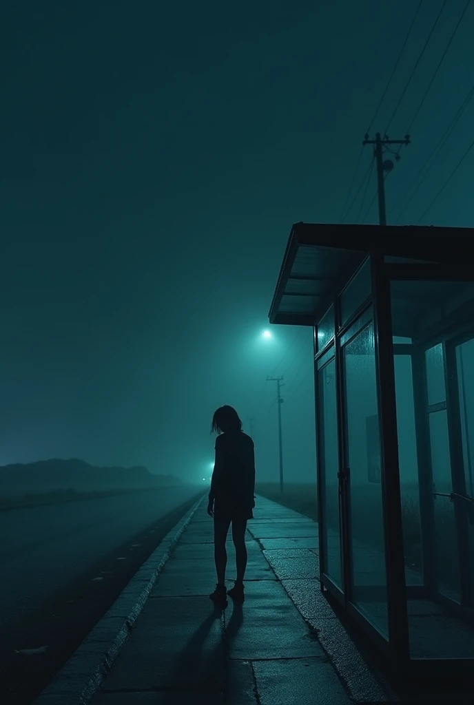 Empty bus stand,  all bus apper,  a woman stand there,  horror look,  at night, big space, no road