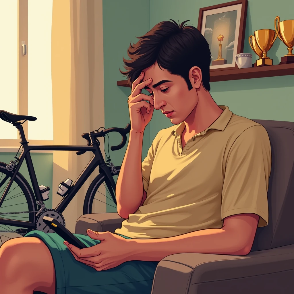 Male road bike rider at home. Illustration seen from the opposite wall. The rider is in loungewear.、He wasn't wearing a helmet and there was a road bike behind him.、Also、The trophies he has won in races are displayed on the shelf.。
Also、Pictures of practice sessions hang on the walls。
I was relaxing on the sofa at home.。
Looking at the screen of his smartphone, he is disappointed。
He puts his hand on his forehead in disappointment at the contents.。