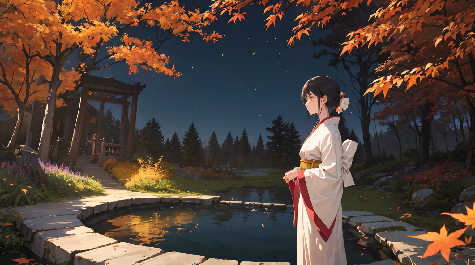 "It depicts an enchanting evening scene depicting a tranquil pond bathed in the hues of fiery autumn foliage.。. The composition is、The maple leaf and the prominent features of the nearby majestic maple tree should be highlighted.。. In the foreground, A Japanese woman in her 40s is standing gracefully, Dressed in a bright white kimono. The kimono accentuates her elegance., Her beauty shines in the moonlight. She has a timeless charm, Capturing the Essence of the Season. A woman looks at a sparkling pond, Autumn leaves reflected on the water surface. Her expression is one of calm contemplation., Immerse yourself in the quiet beauty of the night. A magnificent maple tree is depicted in the background., Branches decorated with shiny leaves that seem to catch the moonlight.. The pond reflects a fantastic scene, Enhance the charm of the moment. The overall configuration is、It should exude a sense of serenity and reverence for natural beauty.。. In this enchanting autumn landscape、Let the enchanting beauty of the woman and the brilliance of the autumn leaves take center stage.。."