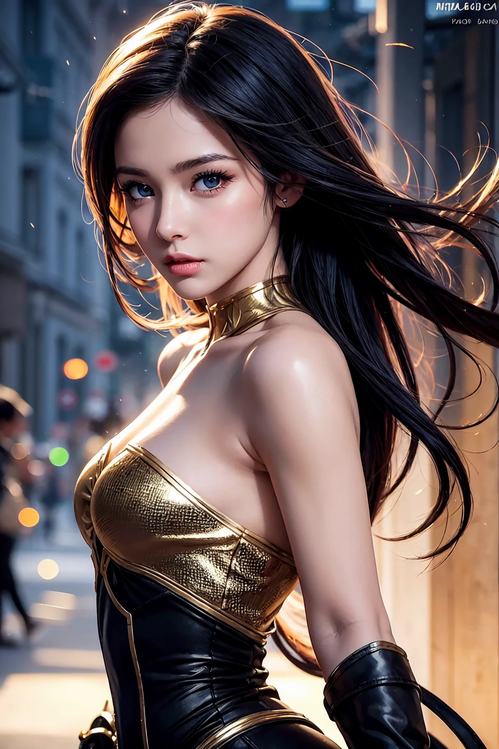 a cute comic heroine, action art, 1girl, beautiful detailed eyes, beautiful detailed lips, extremely detailed face and eyes, long eyelashes, elegant girl, dynamic pose, detailed costume, detailed hair, bright colorful lighting, vibrant colors, dynamic action, fantastical elements, cinematic composition, digital painting, concept art, high quality, 8k, best quality, masterpiece, ultra-detailed, realistic, photorealistic