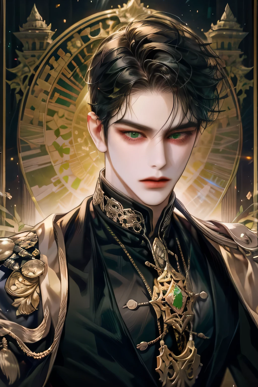 1Male, short Black hair, emperor look, masculine look, charming, stern face, gold black suit, green eyes,  pale skin,prambanan temple, javanese style, accurate, materpiece