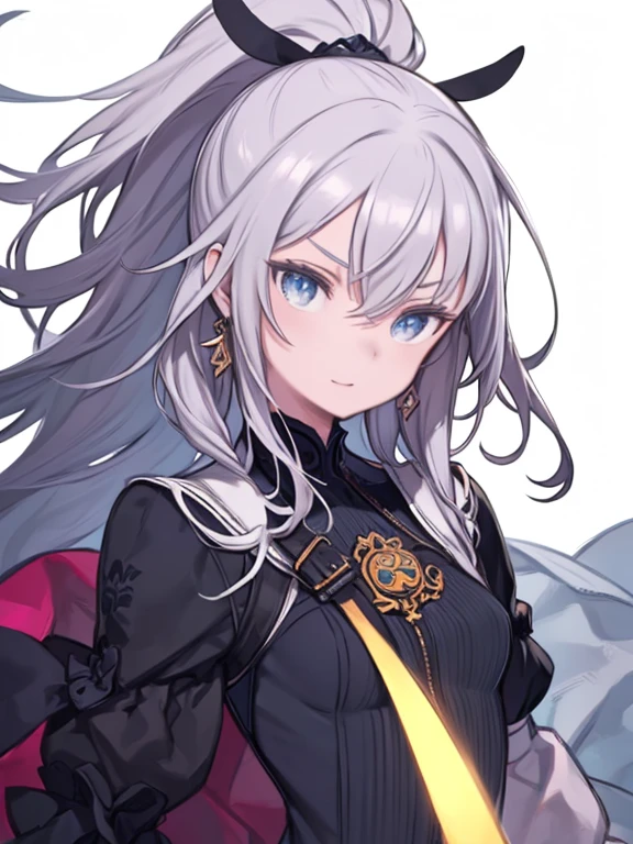 (Highest quality:1.2, Very detailed, Latest, Vibrant, Ultra-high resolution, High Contrast, masterpiece:1.2, Highest quality, Best aesthetics), (((1 girl))), Girl with a big sword, Chopper knife, Executioners, An illustration, Silver Hair, High Ponytail, Wavy Hair, blue eyes, jewelry, Earrings, (((Expression of fine eyes:1.2, Beautiful Skin, Detailed facial expressions))), Flowing Hair, (Crazy Smile, Sparkling eyes), Delicately drawn equipment, Coldly Shining Weapon, Shiny Armor, ((Random Pause, Dutch Angle)), Beautiful sunset background, Bright colors, Dramatic lighting, Brave pose, Sharp focus, Gazing Eyes, Beautiful Skin, Glowing Skin, Perfect Fingers, Five Fingers, Anatomically correct, Background Blur.