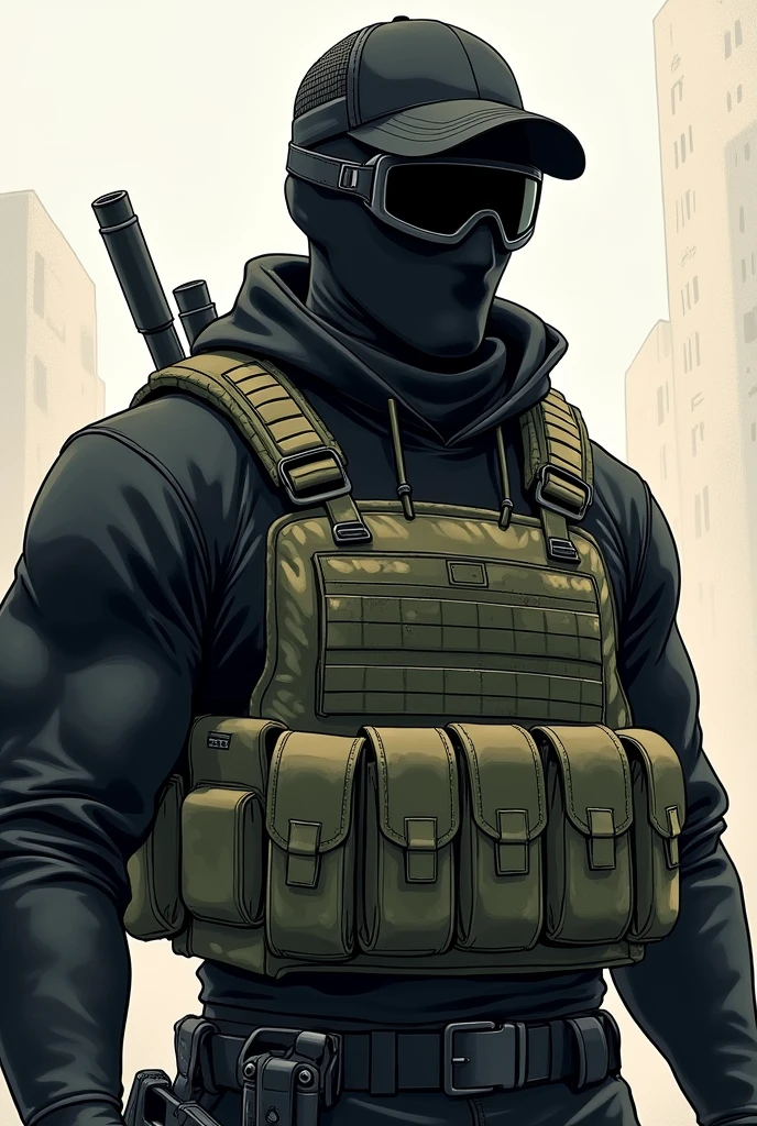 man with a cap, Ski mask, buff, black motocross goggles, black clothes, tactical clothing, camo green vest, drawing style, anime. looking ahead