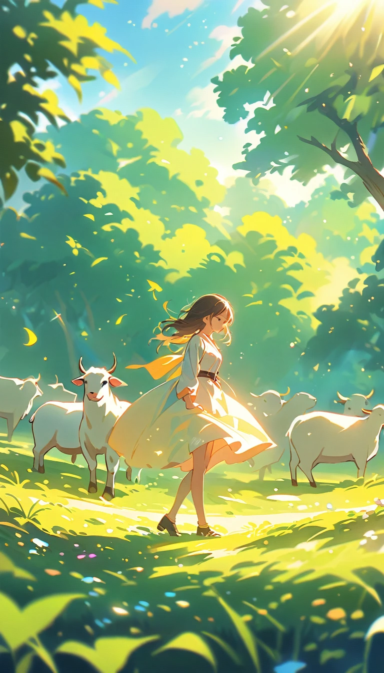 A girl taking care of sheep in a picturesque ranch, with a vibrant and energetic atmosphere. The girl is surrounded by a stunning depth of field, where the foreground and background are beautifully blurred, adding a sense of motion and liveliness to the scene. The sunlight shines through the trees, creating a sparkling effect on the surrounding grass and flowers. The lighting is cinematic, casting dramatic shadows and highlights, enhancing the overall atmosphere of the image. To capture the details of the scene, the camera settings are set to f/2.8 aperture and 35mm focal length, resulting in a perfect balance between subject and background. The image is captured in UHD resolution, ensuring the highest quality and clarity. The details are incredibly sharp and crisp, showcasing every blade of grass and every expression on the girl's face. The colors are vivid and vibrant, with a warm and inviting color tone. The lighting emphasizes the natural beauty of the ranch, casting soft and warm shadows, giving a sense of serenity and tranquility. The image has a sense of realism and photorealism, with a touch of artistic style to enhance the overall aesthetic. In summary, this prompt creates a visually captivating image of a girl energetically taking care of cows in a beautiful ranch setting. The scene is brought to life with a depth of field, sparkling details, cinematic lighting, and an emphasis on high-quality and high-resolution visuals, 8k