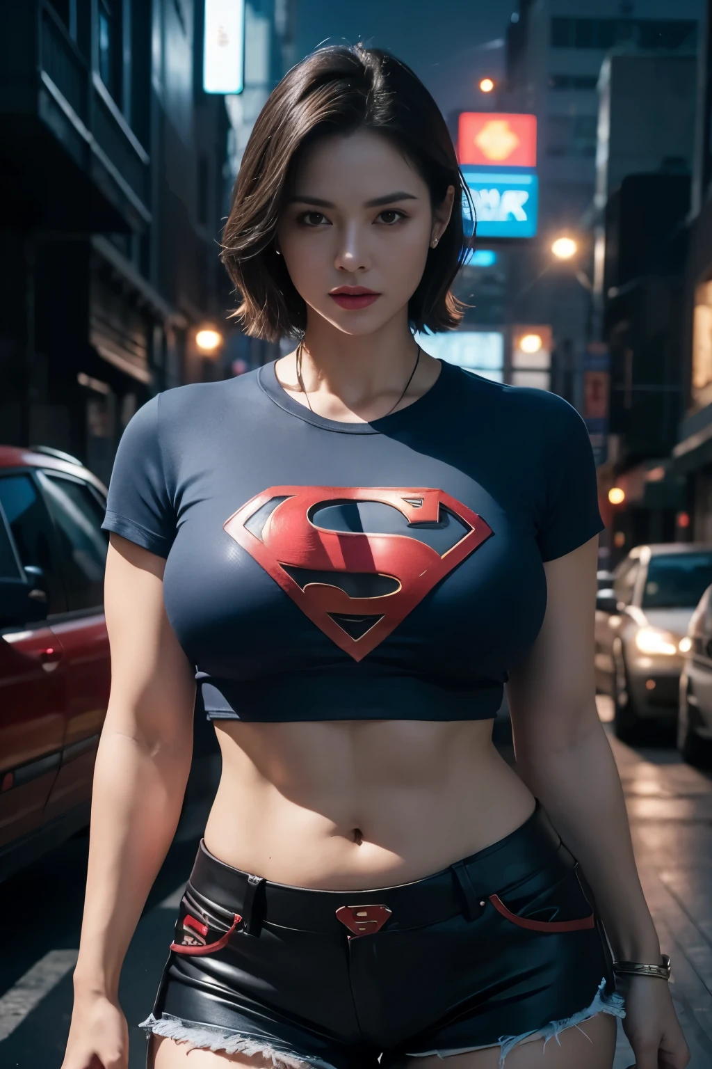 detailed portrait of a mature beautiful woman, woman wearing a crop t-shirt with a superman logo, showing abs, plump figure, big thighs, shorts, night city street, 8k, high quality, photorealistic, cinematic lighting, hyper realistic, extremely detailed face and body, intricate details, vivid colors, dramatic atmosphere, moody lighting