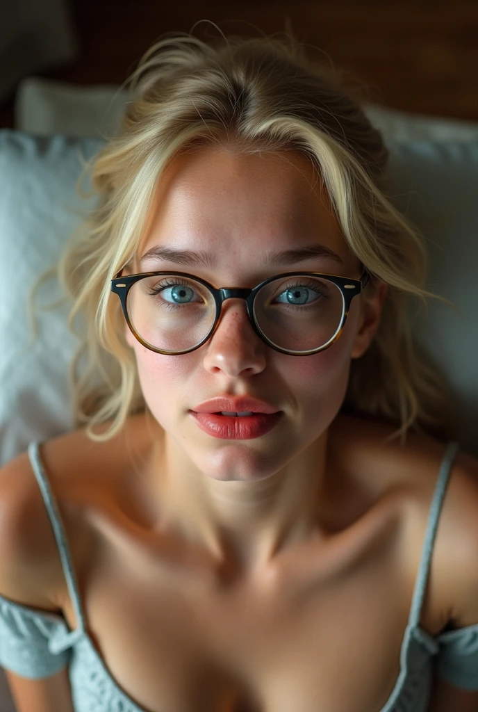 beautiful model, blonde, tanned, perfect bosy, perfect face, blue eyes, wearing sexy lingare, highly detailed face, wearing glasses, sat on the bed