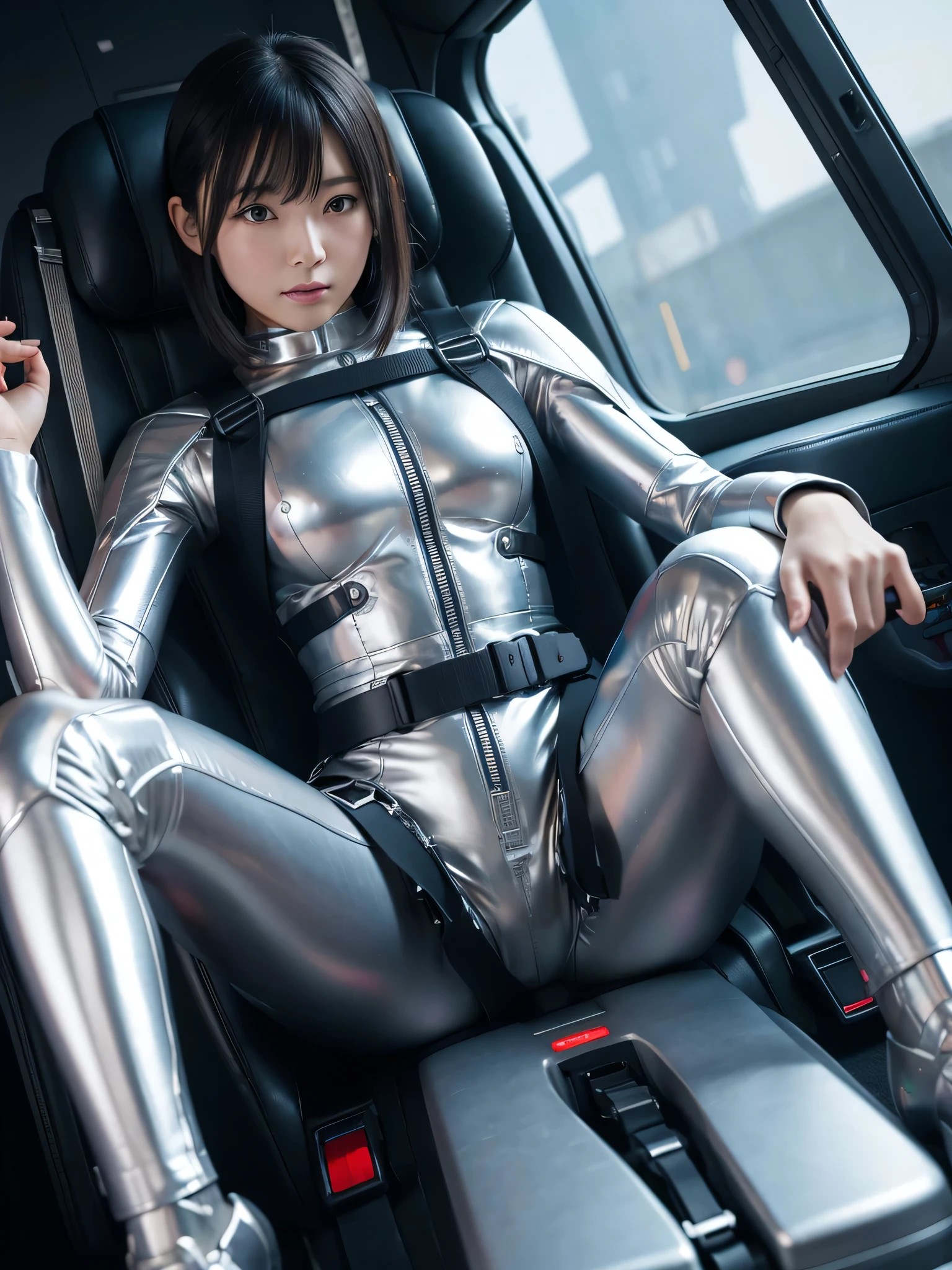 Japanese female android,Silver shiny robot suit,Wide-legged squats,Black Hair,Space capsule,I was completely strapped to my seat in the cockpit with a thick harness and couldn&#39;t move.,The arms are fixed to the armrests,