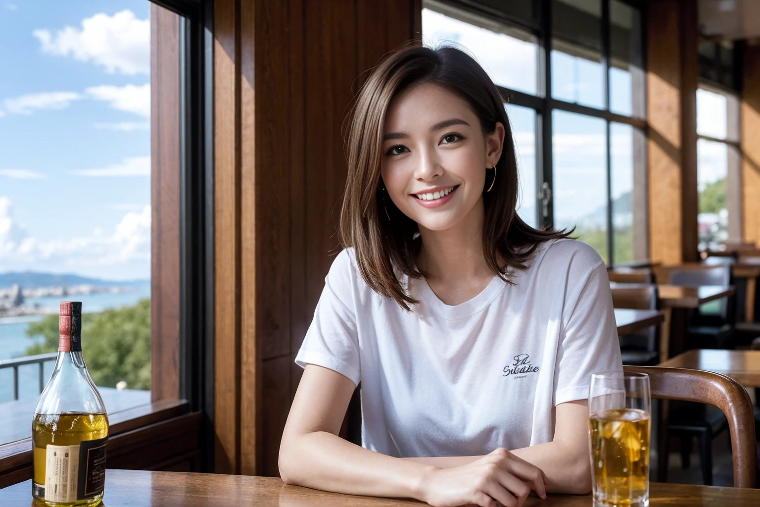 ((Highest quality、8k、masterpiece:1.3))、Whiskey bottles、The Macallan、Joni Black、Old Parr、whiskey、Suntory、Nikka、Slim Couple、modelカップル、(Realistic, Intricate details:1.2), full-course dinner、Whiskey bottle and glass on the table、Single Malt、scotch、Rocks glass、Shot Glass、On the rock、Scotland、Amazing view of the sunset sky and clouds、A bright smile、The wonderfulness of smile、 Beautiful Face, blue eyes, The light shines on your face, blush, short hair,Bright Face、 (Age 37), 3,Two beauties、Brown Hair、Shortcuts、Short sleeve shirt、dress、Beautiful woman 1, (Slim face), (The body is スリム), (Brown Hair), (Shortcuts), cheeks turn a little red,Attractive beauty、restaurant, In a prominent place (From the waist up) Nova Frog Style, actress, model,  (smile: 1.15), Beautiful fine grain, Depth f/2,saturation, High Contrast, Strong light and shadow,Moist Body:1.5、3D texture、Delicate eyes、Brown Hair、The hair is very shiny、